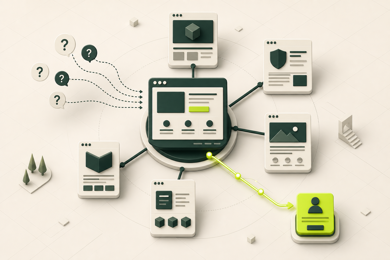 A B2B website information architecture connecting visitor questions to solution, proof, resources, and contact pages