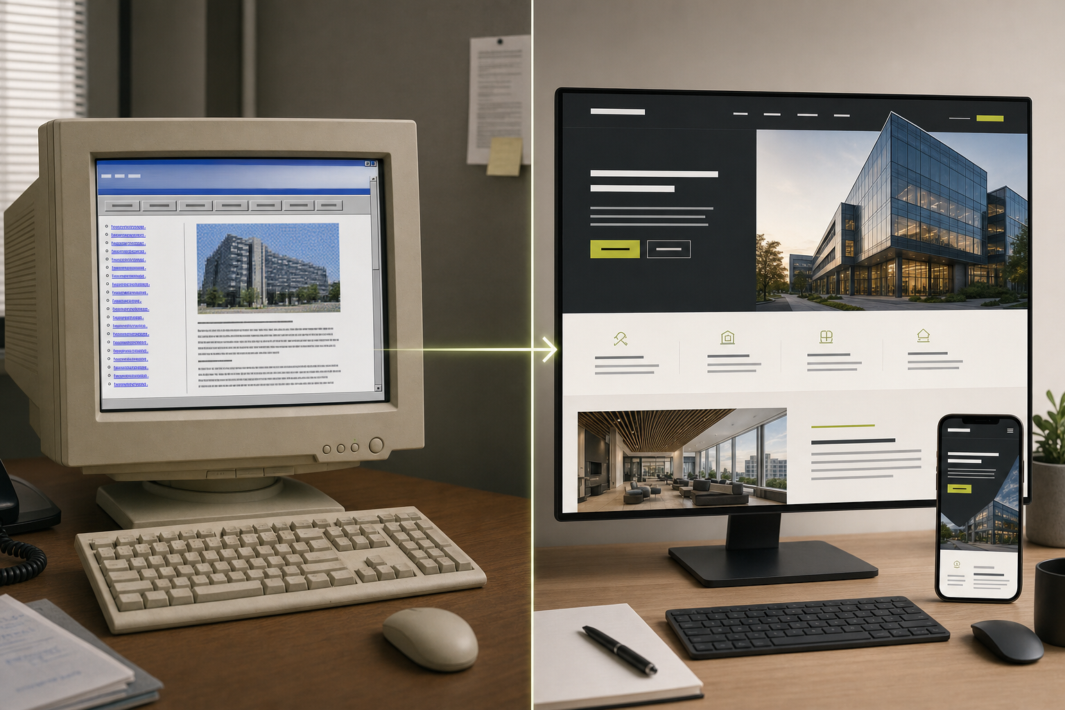 A 2000s company website on a CRT compared with a modern business website and a practical migration path