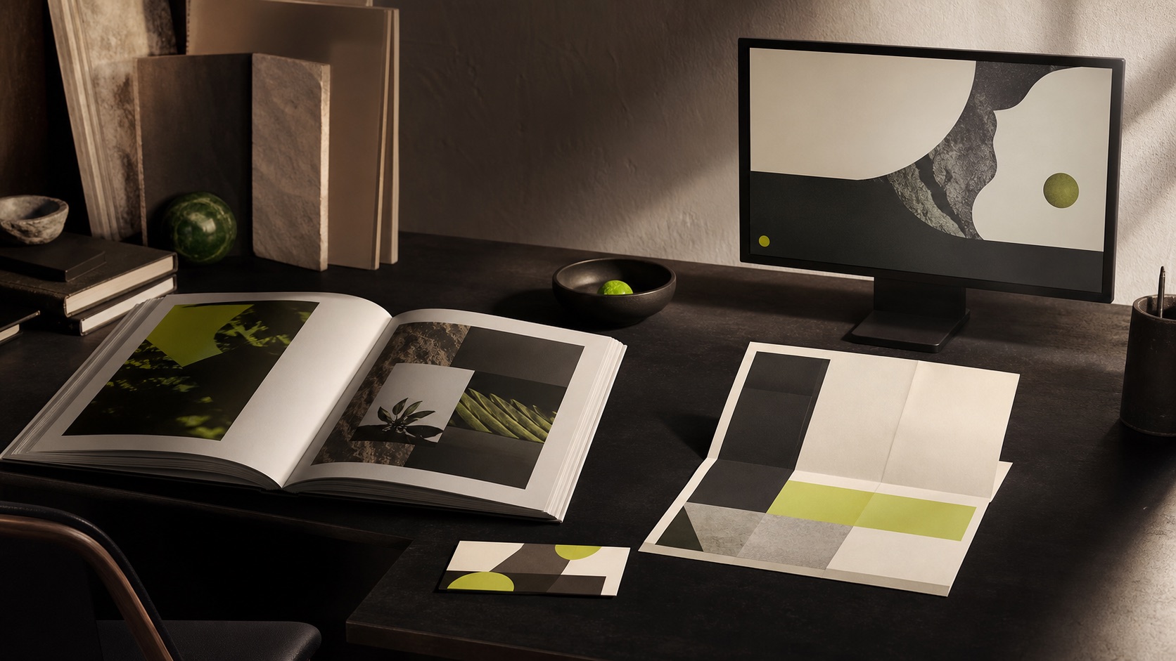 Portfolio book, event materials, and an abstract one-page website display